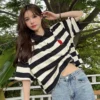 短袖T恤 🎀 韓版Polo領條紋可愛少女田園草莓刺繡寬松針織短袖ins潮百搭T恤潮 短袖上衣 短袖女